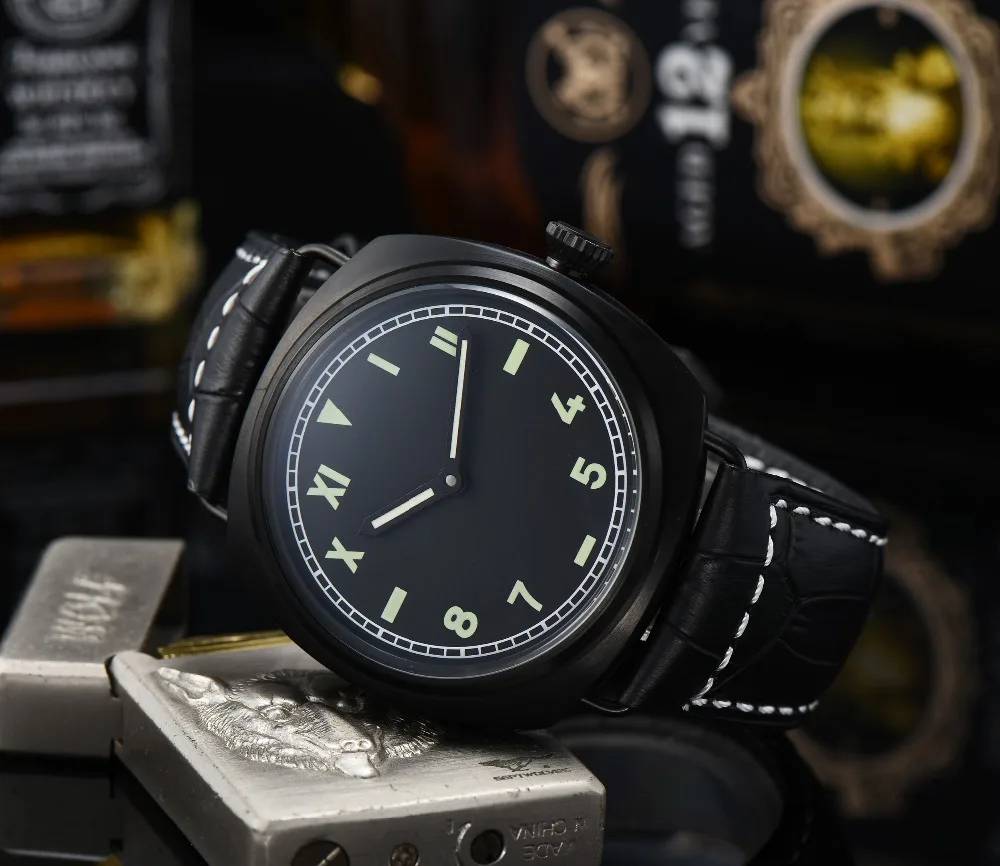 47 MM watch chinese movement manual winding 6497 black sterile mechanical with PVD coating black leather a1
47 MM watch chinese movement manual winding 6497 black sterile mechanical with PVD coating black leather a1