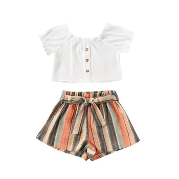 2 Piece Baby Girls Summer Short-sleeved Top Loose Stretch Waist Lace up Stripe Shorts Clothes Set 
2 Piece Baby Girls Summer Short-sleeved Top Loose Stretch Waist Lace up Stripe Shorts Clothes Set