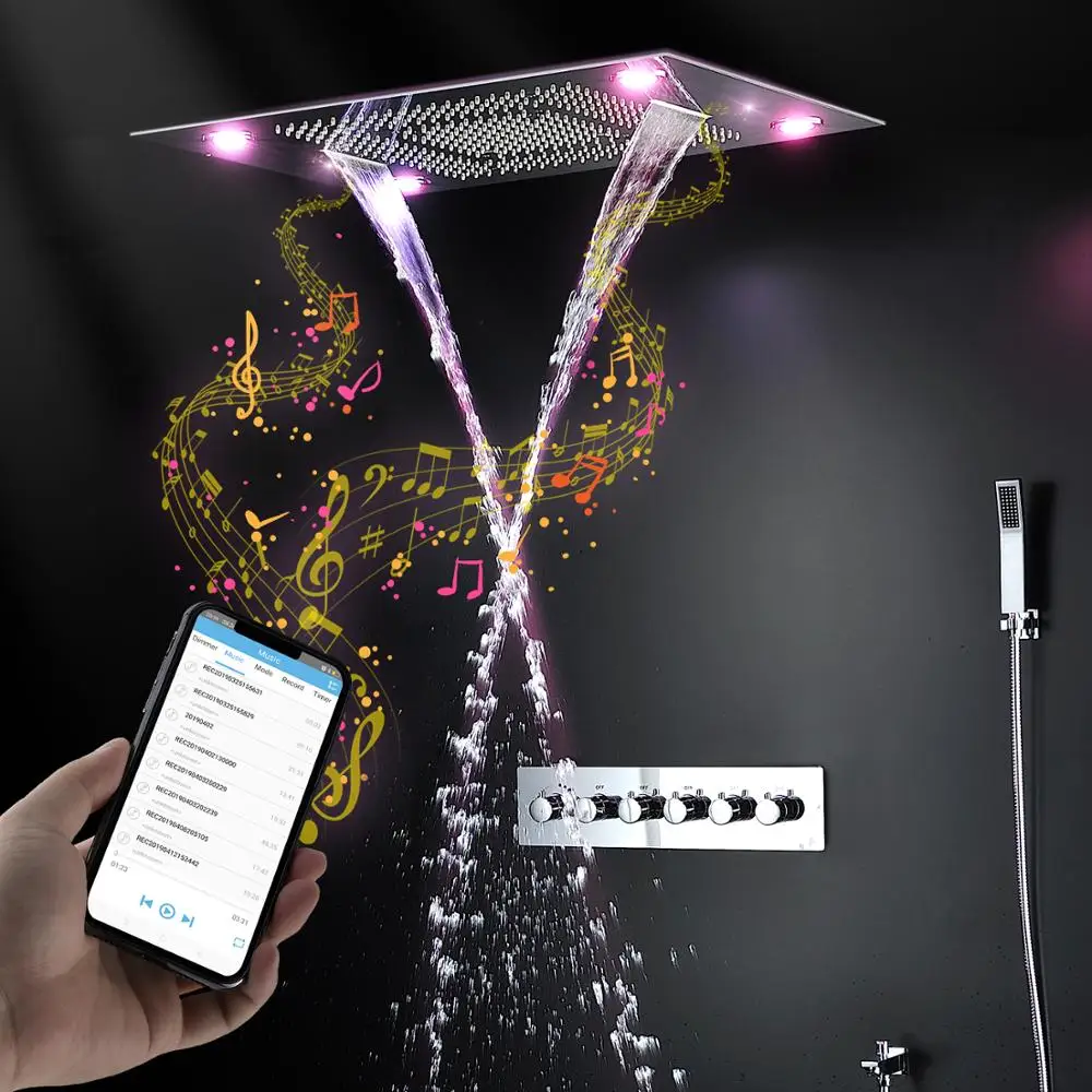 

24x32 Inch LED Massage Bluetooth Music Shower Head Kit Mist Waterfall Rain Shower Set Thermostatic Mixer Faucet Diverter