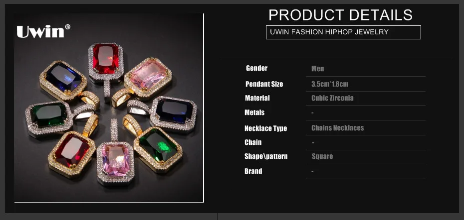 uwin iced cubic zirconia gem necklace pendant pink/blue/green