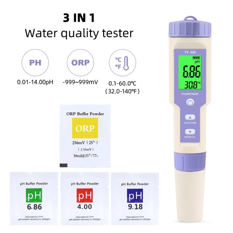 Professional Digital Water Tester YY-600 PH/ORP/TEMP 3 In 1 Tester Pen with PH&ORP calibration powder buffer powder
Professional Digital Water Tester YY-600 PH/ORP/TEMP 3 In 1 Tester Pen with PH&ORP calibration powder buffer powder
