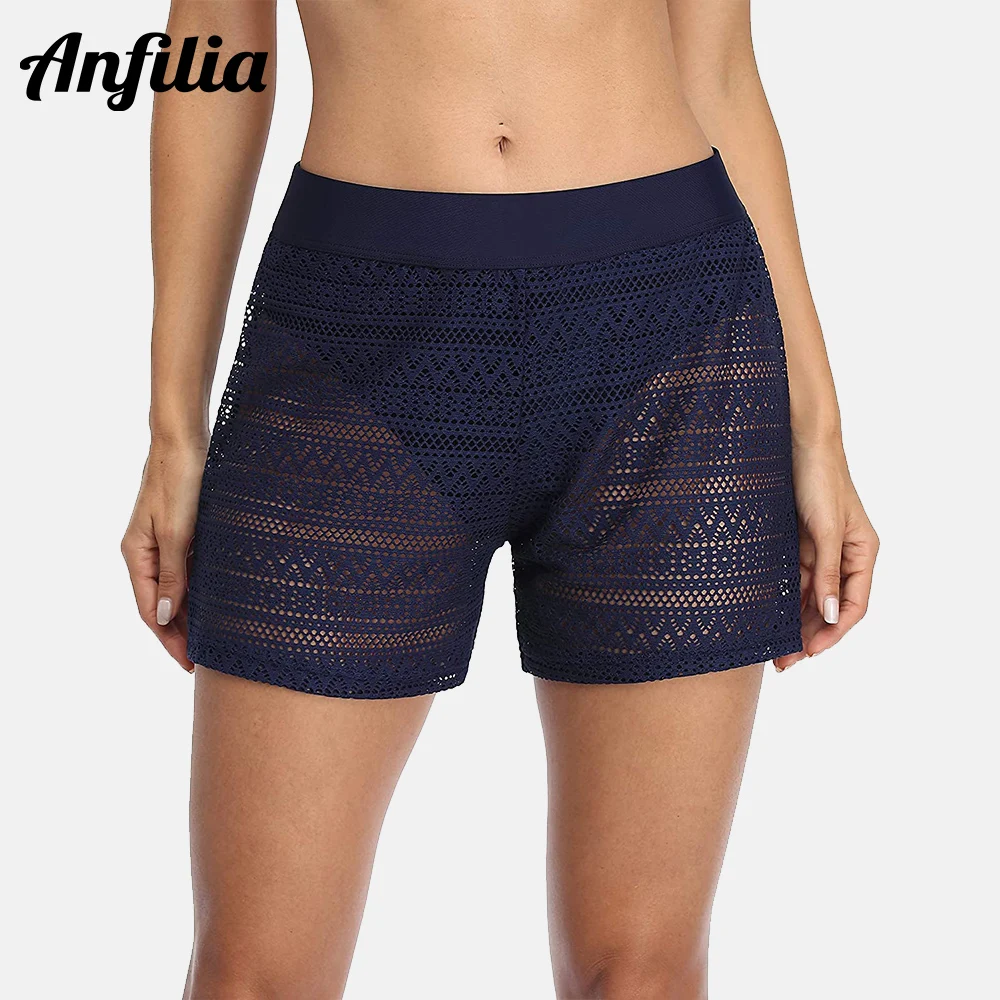 

Anfilia Women's Lace Boardshorts Swim Shorts Hollow Out Swimsuit Bottoms Solid Swiming Trunks