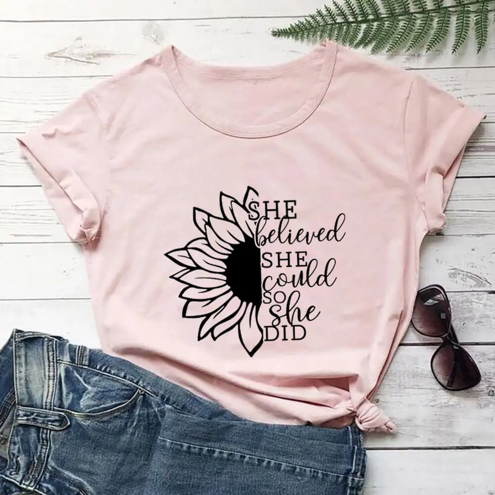 

She Believed She Could So She Did 100%Cotton Print Women Tshirt Christian Summer Casual T Shirt Faith Tee Inspiration Shirts