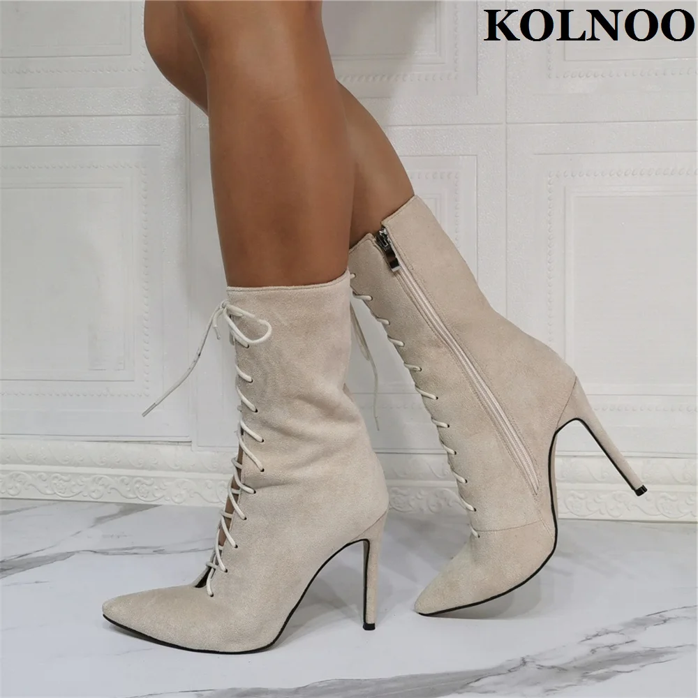 

Kolnoo New Handmade Ladies High Heel Dress Boots Cross Shoelace Autumn Spring Ankle Boots Fashion Evening Party Prom Club Shoes