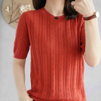 New solid color round neck short-sleeved knitted T-shirt women red
New solid color round neck short-sleeved knitted T-shirt women red