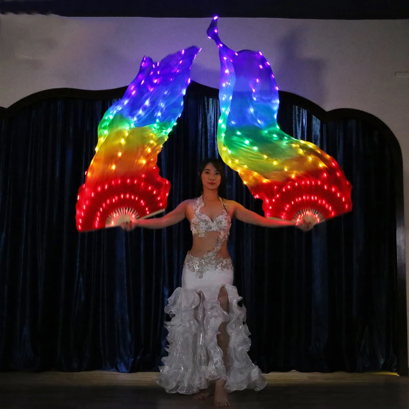 Rainbow LED Belly Dance Hand Fans Light up Folding Veils Dancing Costume