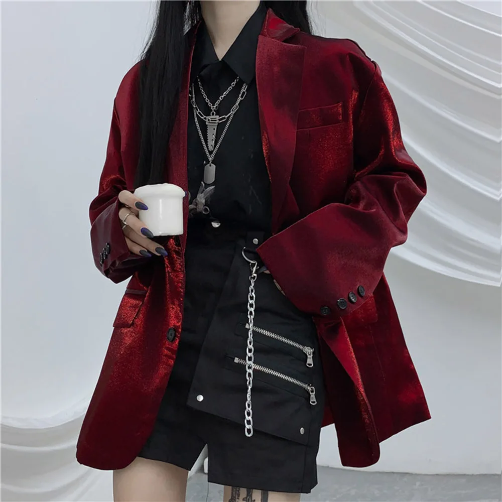 

Women Burgundy Oversied Jacekt Coats Fashion Loose Casual Outwear Streetwear Chic Female Plus Size Korea Japan Young Fashion