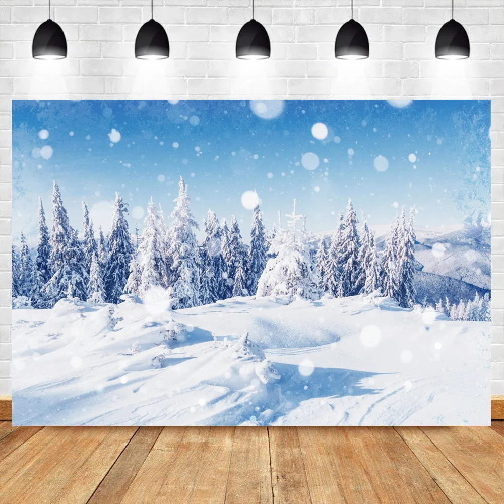 

Laeacco Winter Snow View Natural Scenic Pine Forest Photography Background Light Bokeh Child Portrait Photocall Backdrop Poster