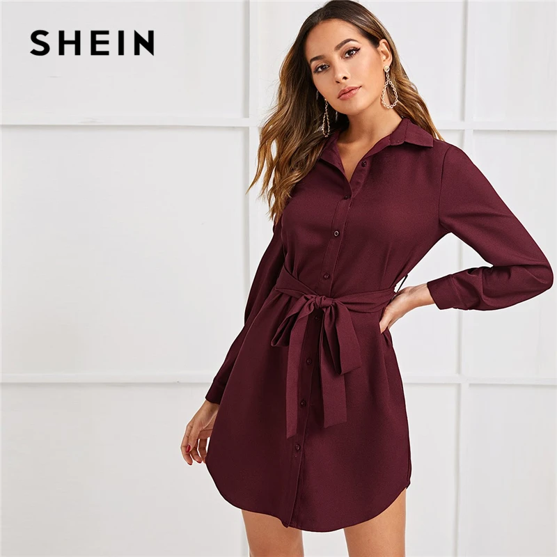 

SHEIN Curved Hem Button Front Belted Shirt Dress Women Autumn Loose Solid Long Sleeve Straight Short Casual Dresses