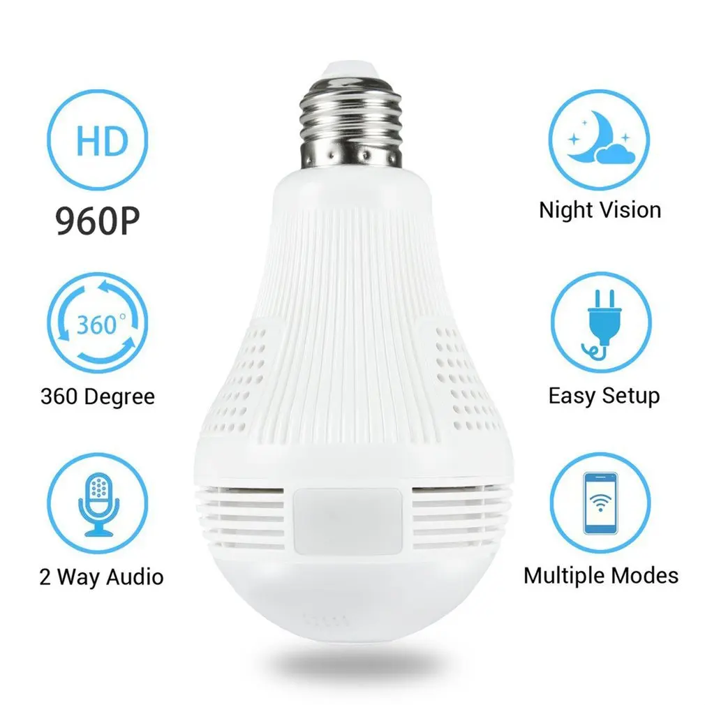 Wireless Wi-Fi Light Bulb Camera IP 360 Degrees Camera Panoramic Lamp FishEye Lens Home Security Monitor Camera with TF Card
Wireless Wi-Fi Light Bulb Camera IP 360 Degrees Camera Panoramic Lamp FishEye Lens Home Security Monitor Camera with TF Card