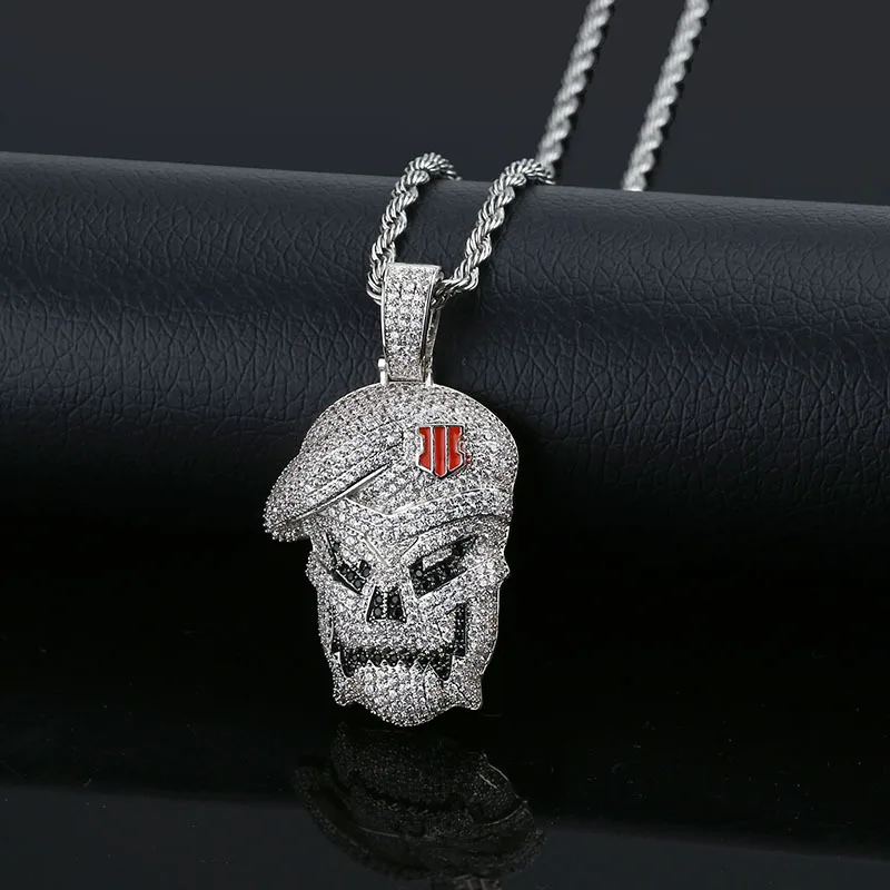 

Black and White AAA CZ Stone Paved Bling Iced Out Cool Skull Pendants Necklace for Men Boys HIP HOP Rapper Jewelry Drop Shipping