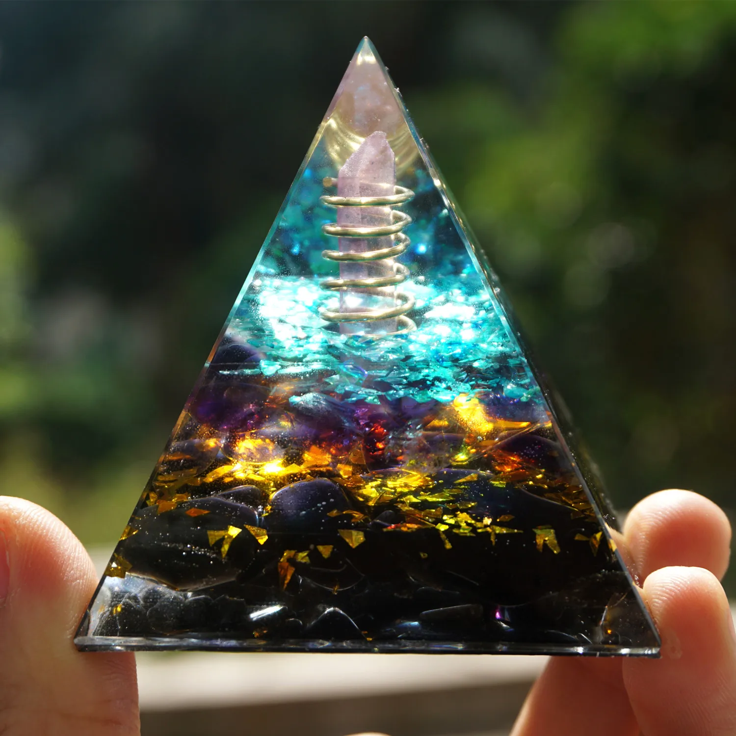 Handmade Orgonite Pyramid Pink Crystal Point in Gold Circle with Amethyst Obsidian Orgone 60mm Natural Stone ORG026 250g 6cm
Handmade Orgonite Pyramid Pink Crystal Point in Gold Circle with Amethyst Obsidian Orgone 60mm Natural Stone ORG026 250g 6cm