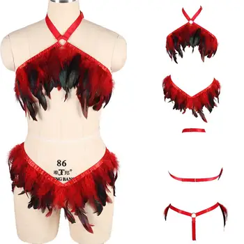 

1 Set Red Feather Harness Bra Sexy Chest Cage Top Harajuku Goth Waist Belt Skirt Dance Rave Body Bondage Burning Women Plus Size