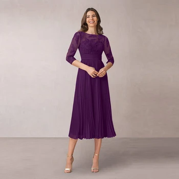 Hot Sale Charming Short Purple Lace Mother of the Bride Dresses Three Quarter Sleeves Wedding Party Gowns Tea Length Pleating
Hot Sale Charming Short Purple Lace Mother of the Bride Dresses Three Quarter Sleeves Wedding Party Gowns Tea Length Pleating