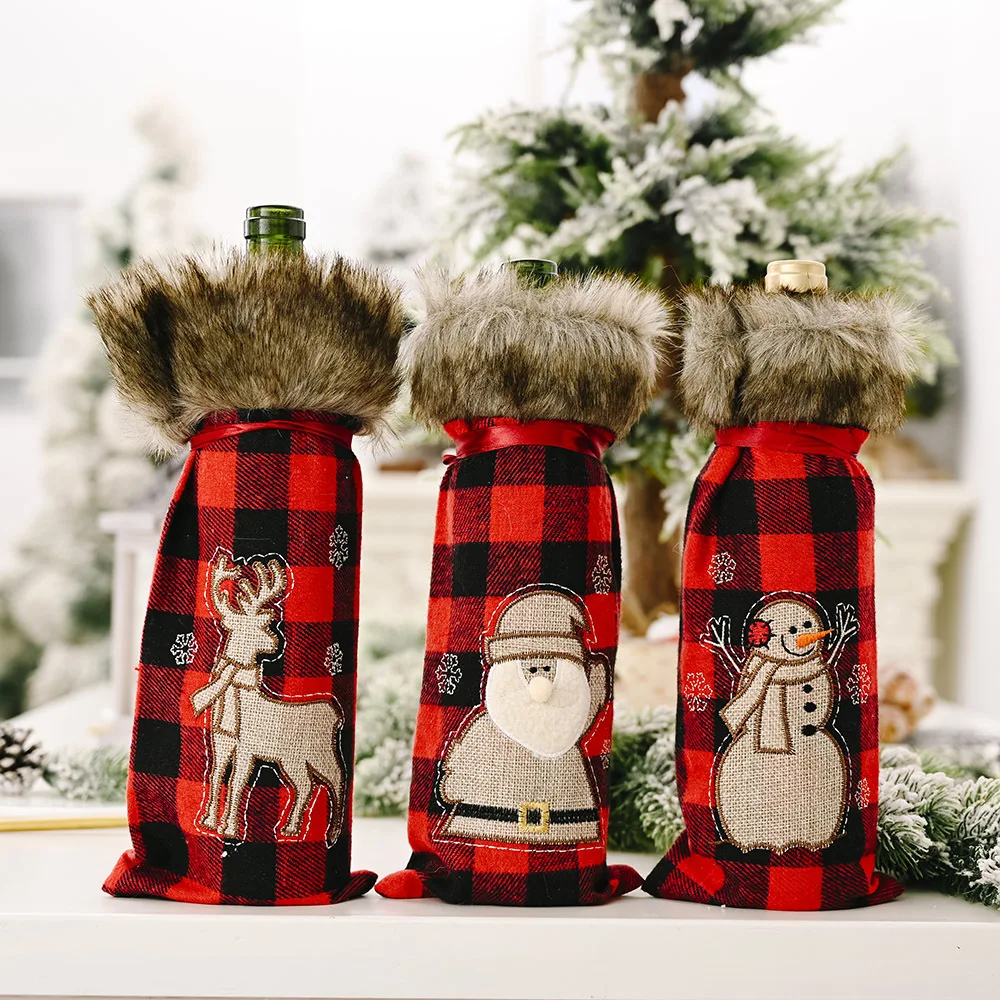 

Wine Bottle Bag Drawstring Christmas Champagne Cover lattice Santa Snowman Elk red Wine Cloth Xmas Decoration Gift Wrap Pouch