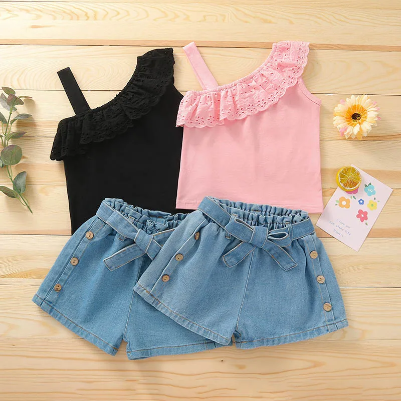 Girls Summer Clothing Set Ruffle Sling Lace T Shirt Top Denim Cowboy Shorts for Kids Girl 2Y 3Y 4Y 5Y
Girls Summer Clothing Set Ruffle Sling Lace T Shirt Top Denim Cowboy Shorts for Kids Girl 2Y 3Y 4Y 5Y