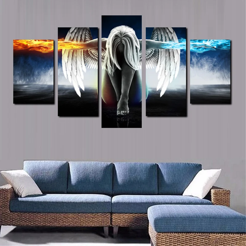 

No Framed Canvas 5Pieces Anime Angel Girl Wings Modern Wall Art Posters Pictures Paintings Home Decor for Living Room Decoration