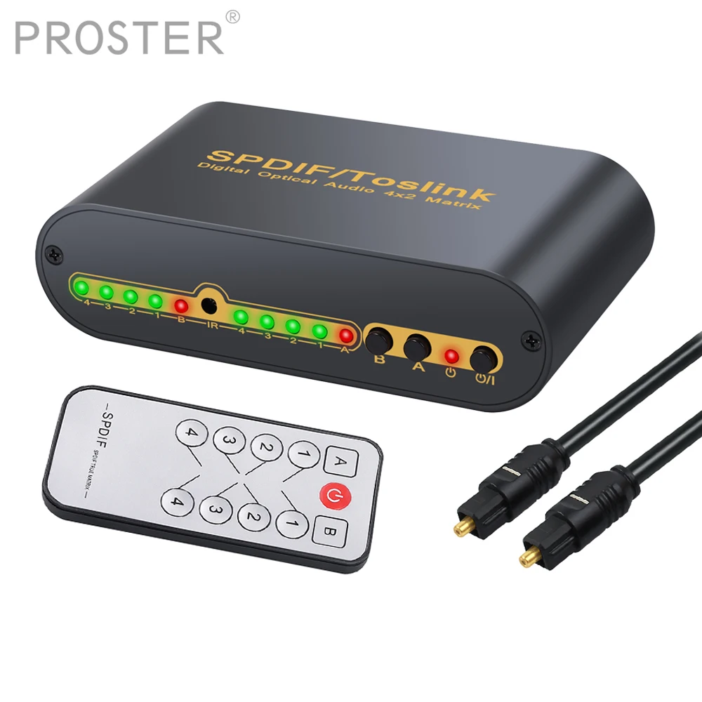 Proster for SPDIF/TOSLINK Optical Digital Audio 4x2 Switcher Splitter Audio Matrix 4 in 2 Out converter Remote Control
Proster for SPDIF/TOSLINK Optical Digital Audio 4x2 Switcher Splitter Audio Matrix 4 in 2 Out converter Remote Control