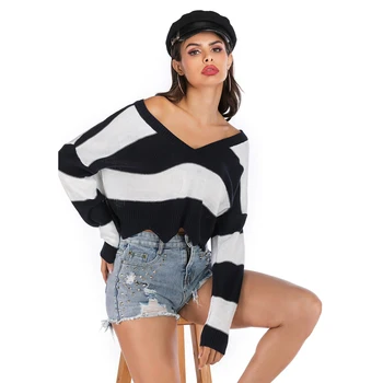 2019 new spring and autumn women's sweater wavy side V-neck striped loose pullover sweater 
2019 new spring and autumn women's sweater wavy side V-neck striped loose pullover sweater
