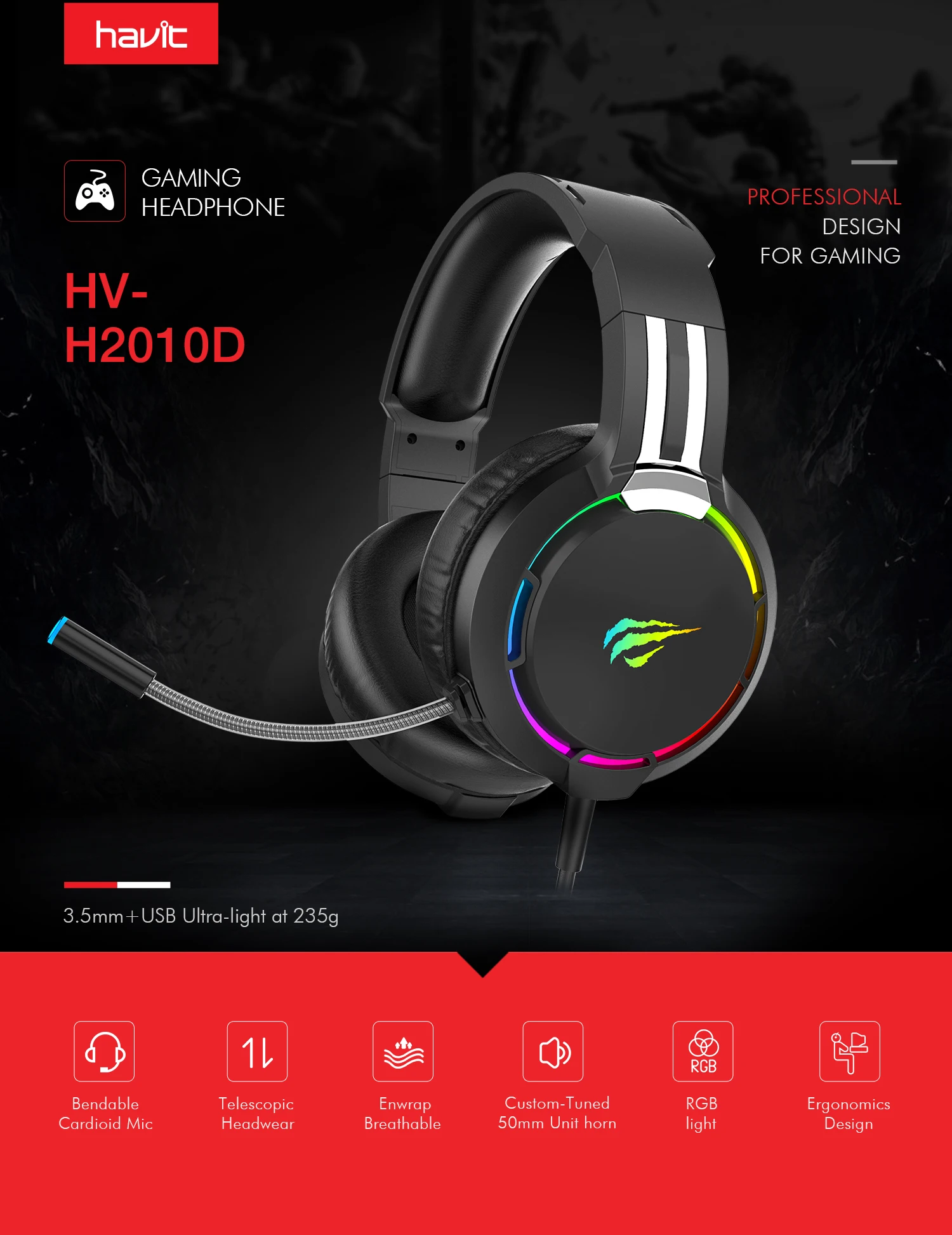 Havit Professional Gaming Headset Wired RGB Light HD Microphone & Surround Sound Headphone for PS4,PC,Xbox Game 3.5MM + USB Havit Professional Gaming Headset Wired RGB Light HD Microphone & Surround Sound Headphone for PS4,PC,Xbox Game 3.5MM + USB