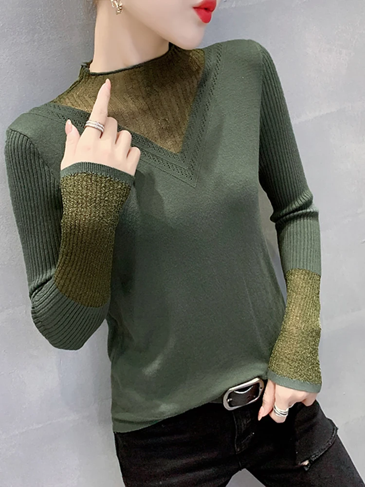 Women's Half High Neck Perspective Hollow Slim Bottoming Knit Sweater Top 2020 Autumn Winter Mesh Stitching Sexy Pull Femme
Women's Half High Neck Perspective Hollow Slim Bottoming Knit Sweater Top 2020 Autumn Winter Mesh Stitching Sexy Pull Femme