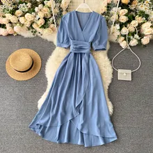 Women Summer Midi French Dress 2021 Sweet V-Neck Puff Sleeve High Waist Elegant irregular lotus leafn Dresses Female Clothing 
Women Summer Midi French Dress 2021 Sweet V-Neck Puff Sleeve High Waist Elegant irregular lotus leafn Dresses Female Clothing