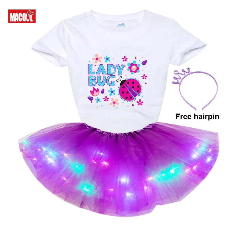 

Women Girls Kids Neon LED Tutu Skirt Sets Party Stage Dance Wear Pleated Layered Tulle Light Up Short Dress Set for 3-12 Years