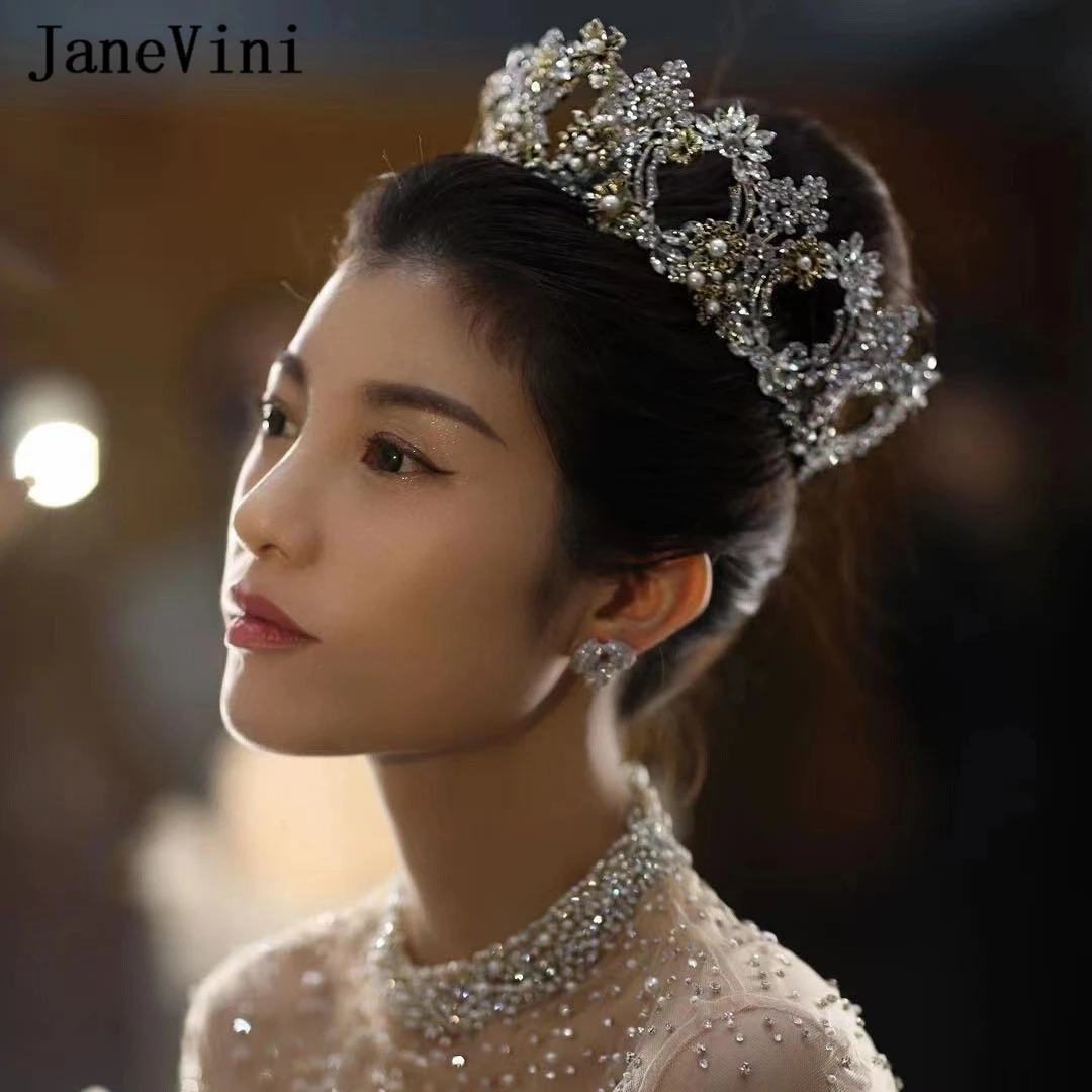 

JaneVini 2021 Luxury European Bridal Crowns Rhinestone Pearls Princess Jewelry Tiaras Crystal Hair Accessories Wedding Headwear