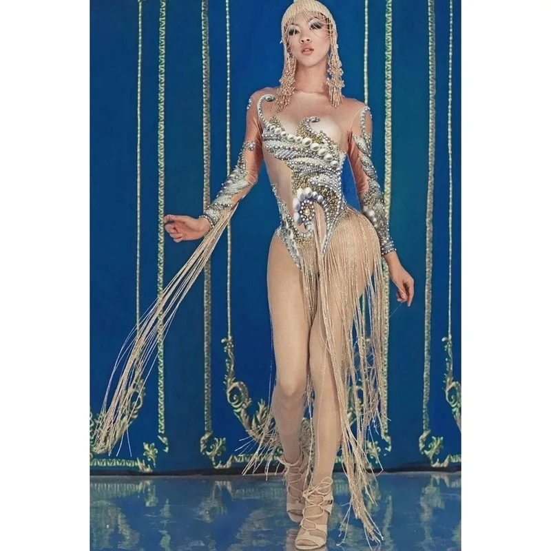 

Fashion Women Rhinestones Gold Fringed Bodysuit Female Singer DJ Nightclub Show Tassel Leotard Stage Performance Dance Costume