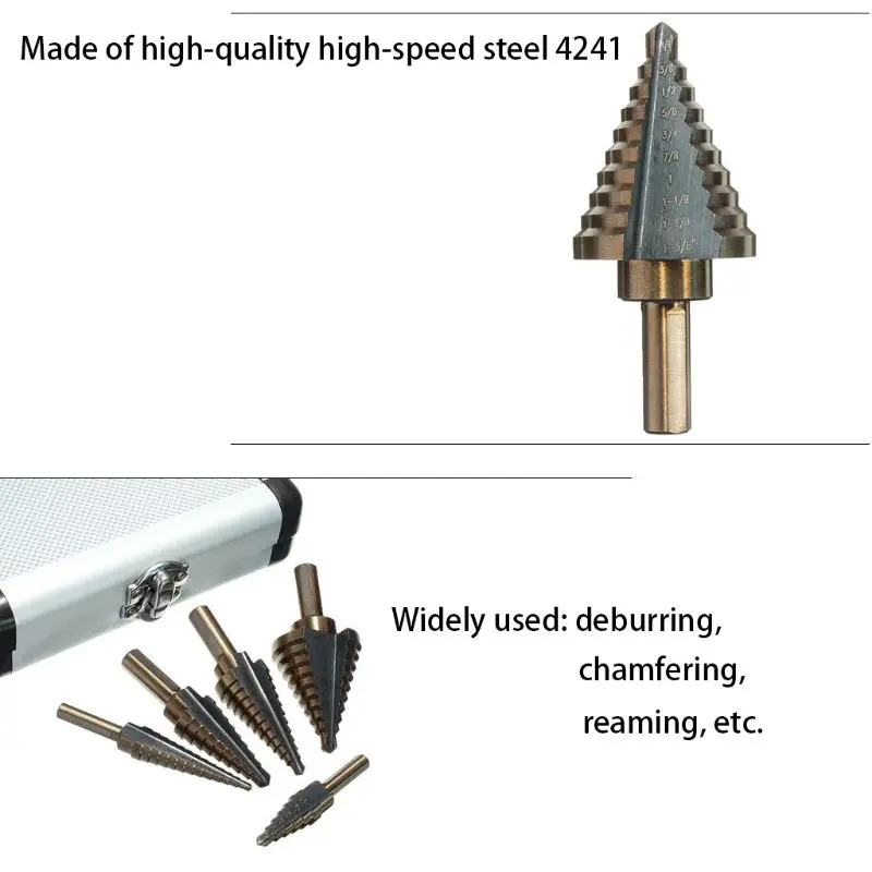 5Pcs HSS Cobalt Hole Step Drill Drilling Bits Set Titanium Cutter Cone Tool with 40JE
5Pcs HSS Cobalt Hole Step Drill Drilling Bits Set Titanium Cutter Cone Tool with 40JE