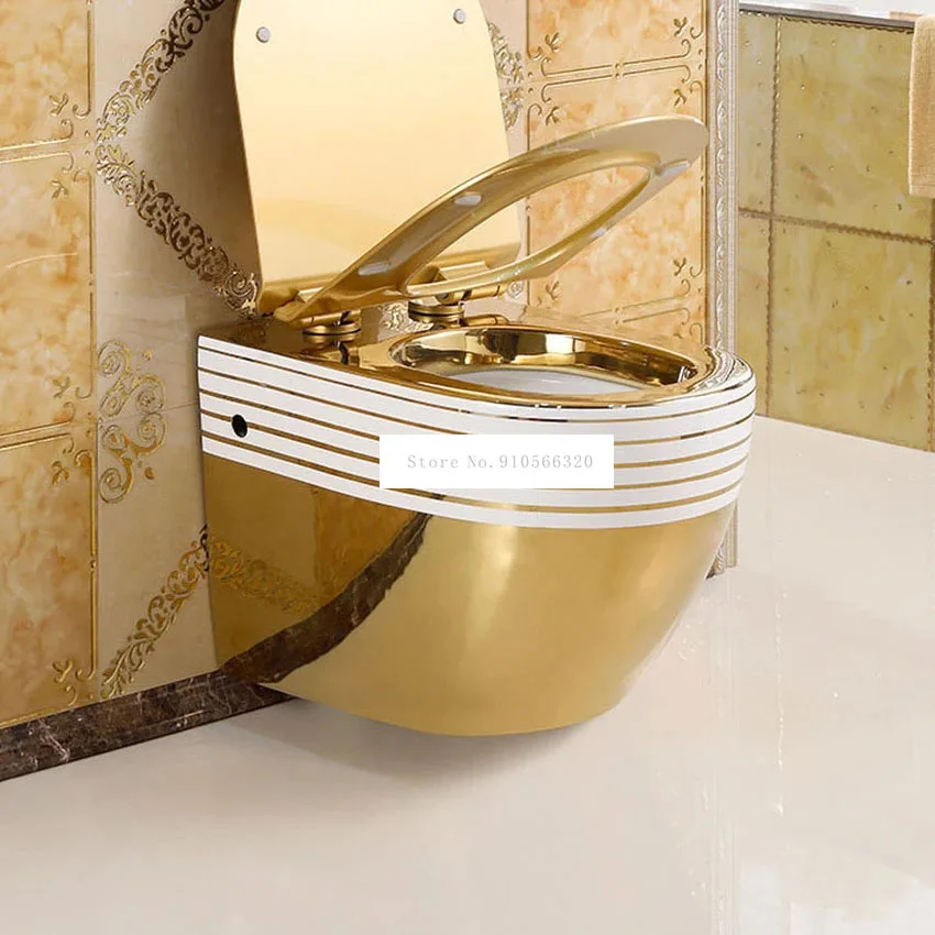 Noble Golden Wall Mounted Flush Toilet Luxury Titanium Gold Painted Bathroom Washroom Ceramic Closestool Without Water Tank
Noble Golden Wall Mounted Flush Toilet Luxury Titanium Gold Painted Bathroom Washroom Ceramic Closestool Without Water Tank