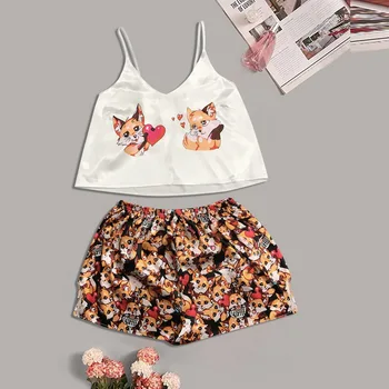Animal Cartoon Print Lovely Sleepwear Home Suit Summer V Neck Sexy Pyjamas Women Spaghetti Strap Loose Pijama Satin Femme Cat 
Animal Cartoon Print Lovely Sleepwear Home Suit Summer V Neck Sexy Pyjamas Women Spaghetti Strap Loose Pijama Satin Femme Cat