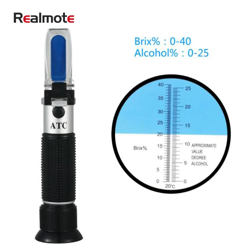 Realmote Handheld alcohol refractometer sugar Wine concentration meter densitometer 0-25% beer 0-40% Brix grapes ATC
Realmote Handheld alcohol refractometer sugar Wine concentration meter densitometer 0-25% beer 0-40% Brix grapes ATC