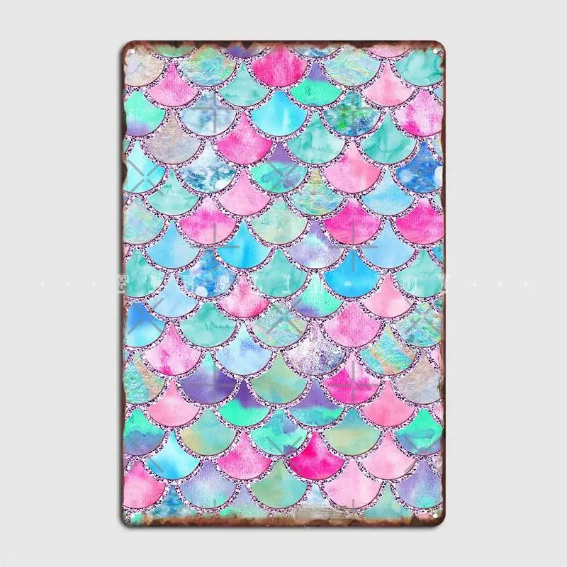 

Pink And Blue Watercolor Faux Glitter Mermaid Scales Poster Metal Plaque Mural Personalized Painting Décor Tin Sign Poster