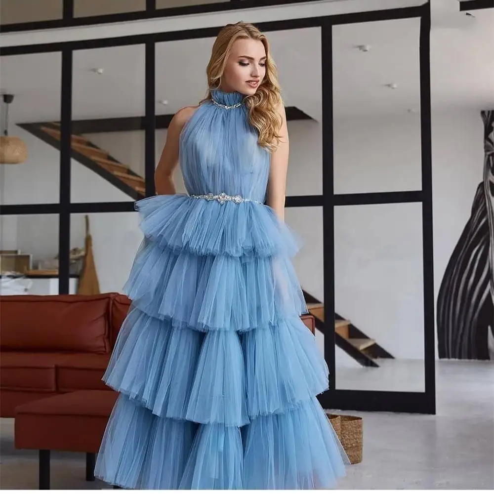 Elegant Prom Dress 2021 A-Line 3 Layers Blue Tulle Sleeveless Halter With Sash Women Formal Evening Dress Graceful Backless 
Elegant Prom Dress 2021 A-Line 3 Layers Blue Tulle Sleeveless Halter With Sash Women Formal Evening Dress Graceful Backless