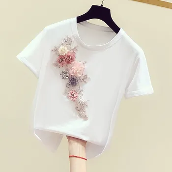 Women's Studded Embroidery Color Flowers Short-Sleeved T-shirt Female Summer Tops Ladies White T Shirt Tees Cotton
Women's Studded Embroidery Color Flowers Short-Sleeved T-shirt Female Summer Tops Ladies White T Shirt Tees Cotton