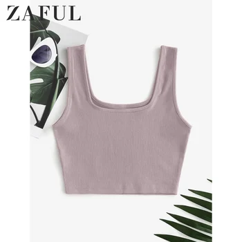 

ZAFUL Plain Ribbed Cropped Tank Top U Neck Solid Cotton Tank Top Women Tank Top Elastic 2020 Spring Summer Festival Fashion