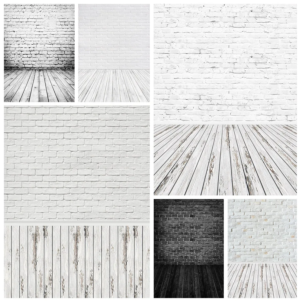 Фото Gray White Brick Wall Wooden Floor Backgrounds Baby Shower Portrait Toy Pet Cake Birthday Photography Backdrops For Photo Studio |