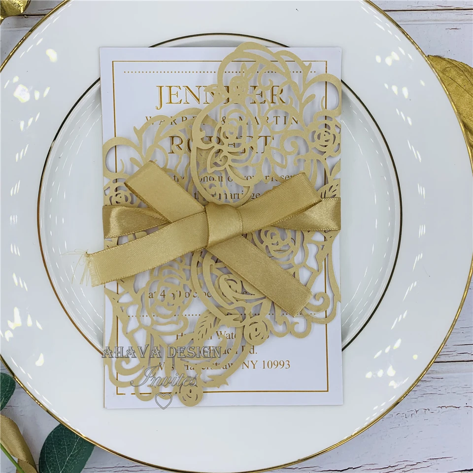 Special Gold Laser Cut Wrap with Bowtie And Customized Insert, Floral Wedding Invitation
Special Gold Laser Cut Wrap with Bowtie And Customized Insert, Floral Wedding Invitation