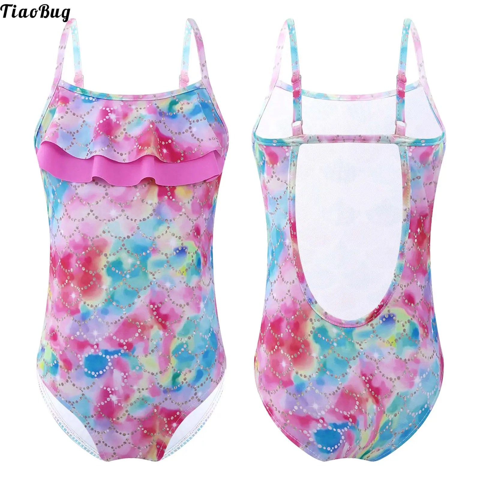 

Kids Girls One-Piece Dance Swimming Leotard Jumpsuit Swimwear Straps Ruffle Hem Fish Scales Print Cut Out Open Back Bodysuit