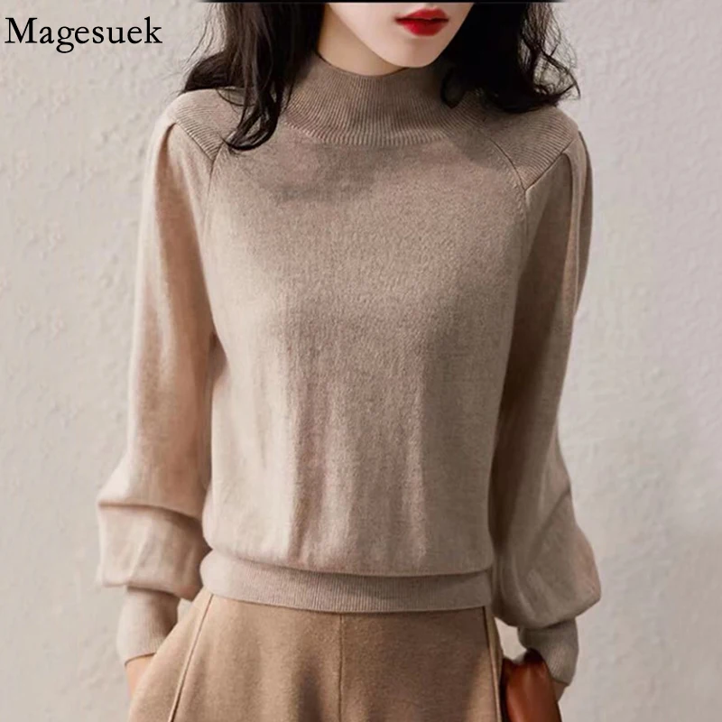 

Autumn Winter Lantern Sleeve Knitted Sweater Half Turtleneck Cashmere Sweater Women Pullover Loose Solid Tops Pull Femme 17908