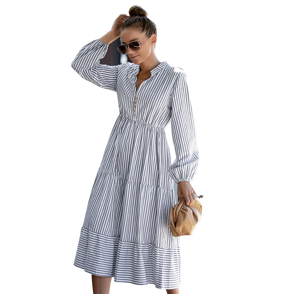 

Fall Long Sleeve Striped Print Notched Neck With Button Detail Flounce Hem Casual A-line Dress