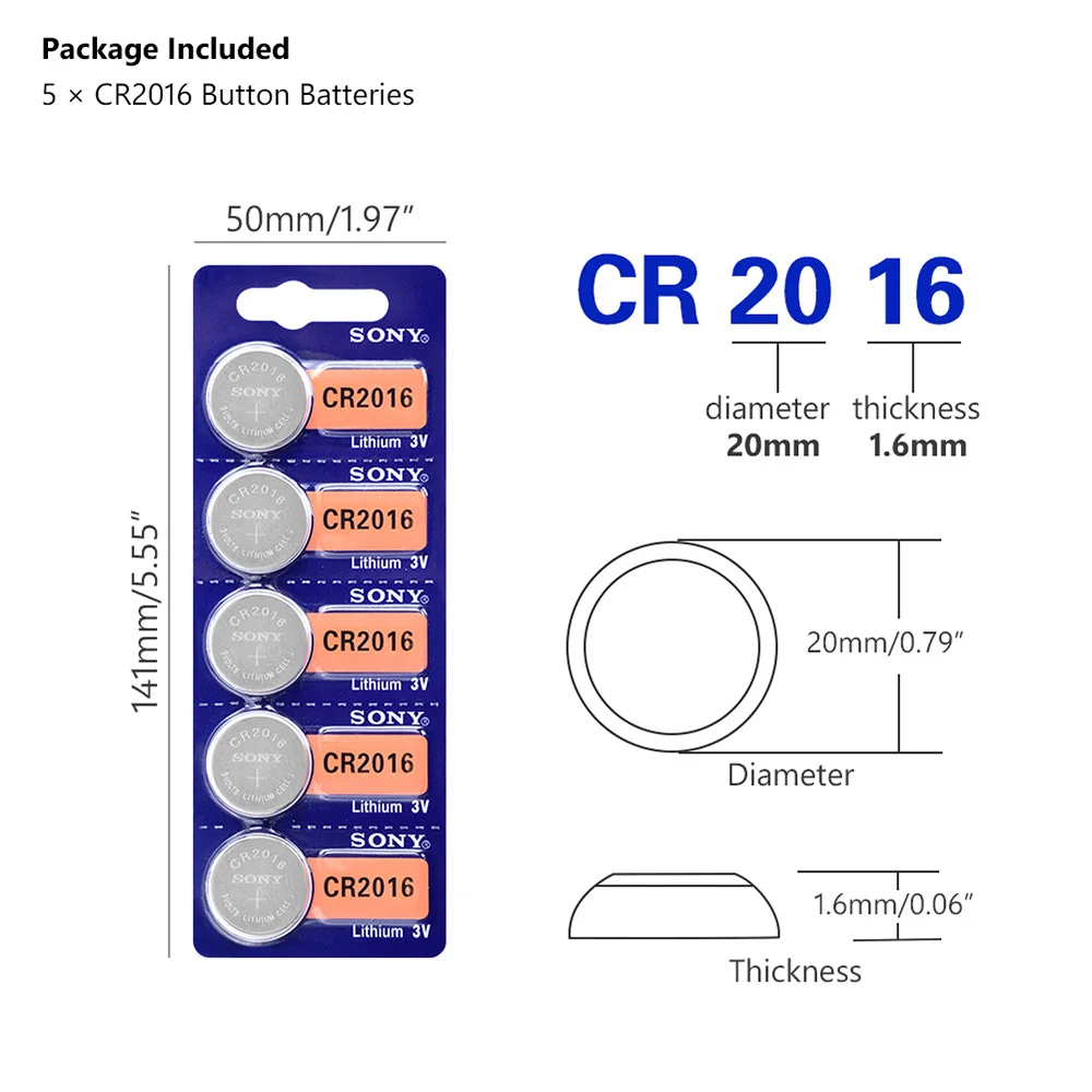 5Pcs CR2016 SONY Button Batteries 3V CR 2016 DL2016 Coin Cell Lithium Battery For Watch Electronic Toy Remote
5Pcs CR2016 SONY Button Batteries 3V CR 2016 DL2016 Coin Cell Lithium Battery For Watch Electronic Toy Remote