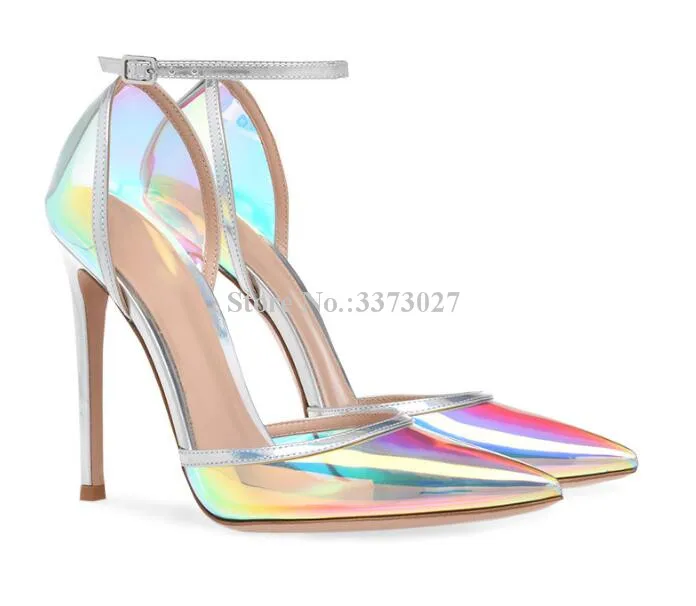 

Lady New Shinning PVC Stiletto Heel Fashion Pumps Sexy Pointed Toe Ankle Buckle Women High Heels Large Size Banquet Shoes Heels