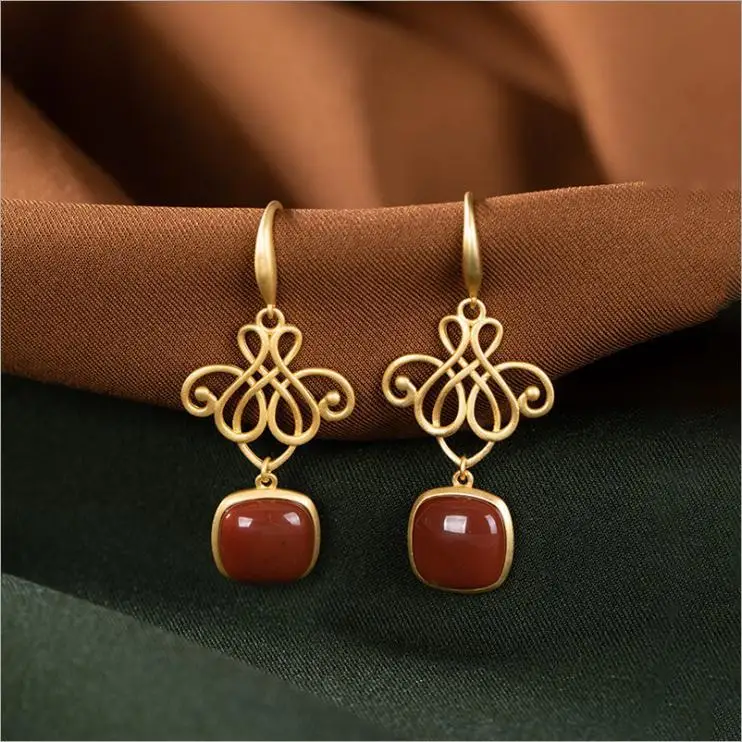 

Natural Hotan red tourmaline Chinese Knot Earrings Chinese style retro court style light luxury elegant women's silver jewelry