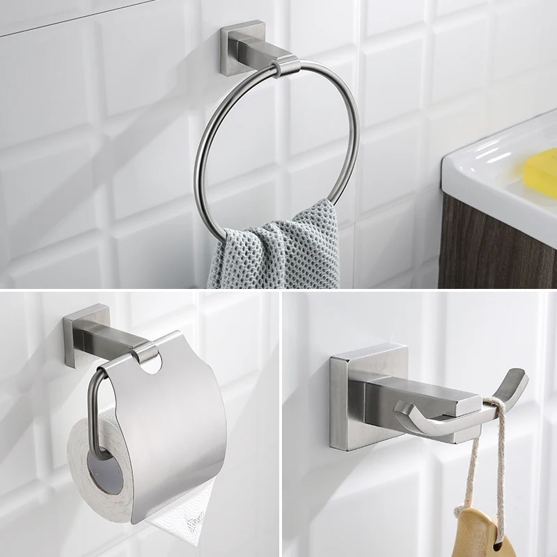 

Stainless Steel 3Pcs Brushed Nickel Bathroom Wall Mounted Accessories-Include Towel Ring Toilet Tissue Holder With Lid Hook