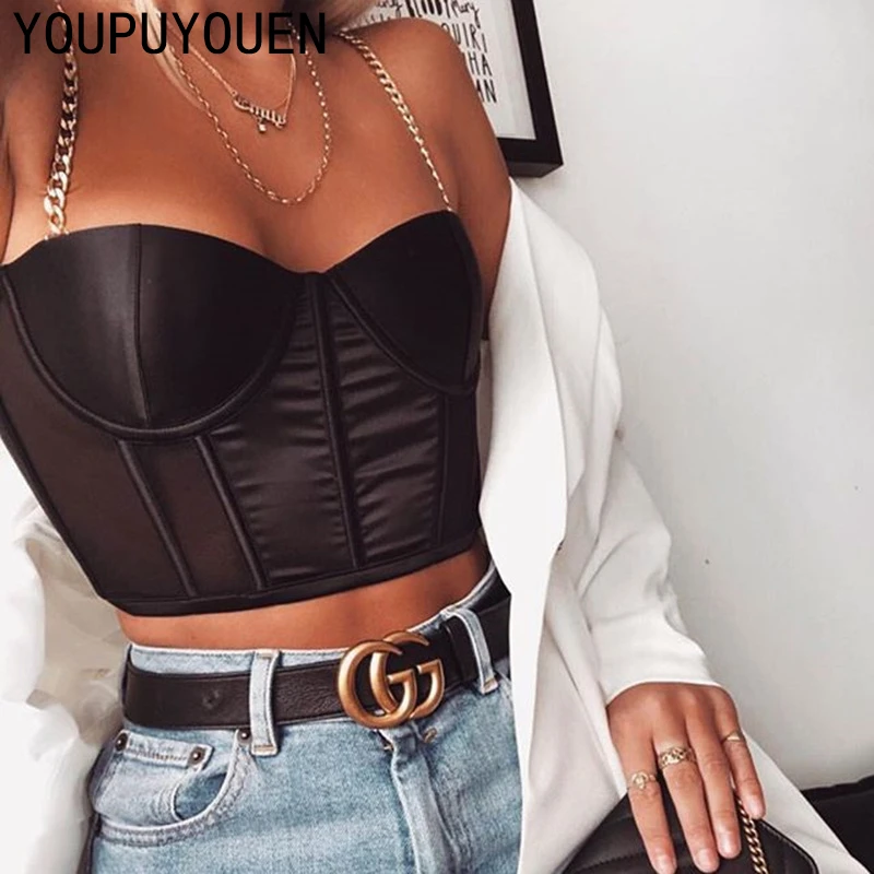2020 Cami Crop Top Sexy Satin Women Chain Tops Short Camisole Corset Spaghetti Strap Summer Bralette Backless Croptop Black Red