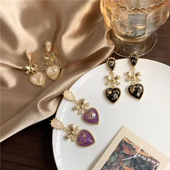 

Retro Baroque Palace Purple Heart Pendant Earrings Temperament Heart-shaped Bow Ear No Piercing Women Jewelry