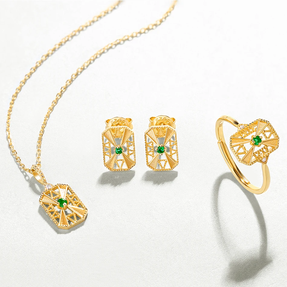 ALLNOEL S925 Sterling Silver Real Emerald Collocation Zircon Design Gold Color Ring Necklace Earrings Jewelry Sets For Women (7)