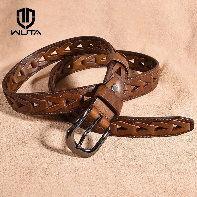 Фото WUTA 100% Genuine Leather Top Cowhide Handmade Women Waist Belt Hollow Out Daily Casual Belts For Jeans High Quality Khaki White |